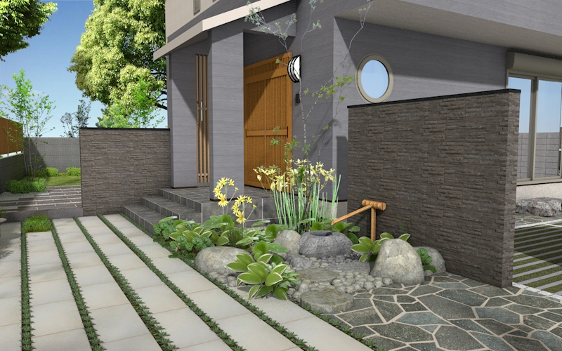 天然石のモダン和風アプローチ エクスプラット エクステリア ガーデンデザイン プラン検索サイト Rikcadデータ無料配信