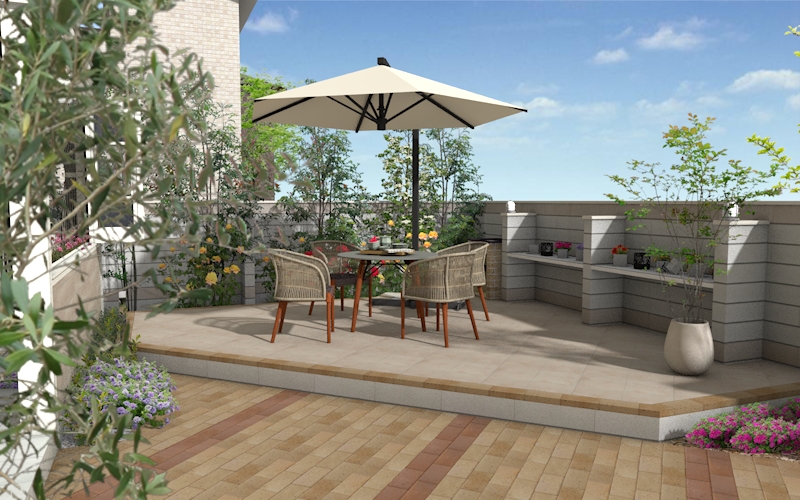 ガーデンルームとガーデンテラスのある庭 エクスプラット エクステリア ガーデンデザイン プラン検索サイト Rikcadデータ無料配信